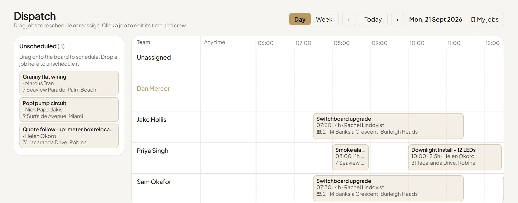 Arvo dispatch board: each electrician's day on a timeline, with jobs you can drag to reschedule