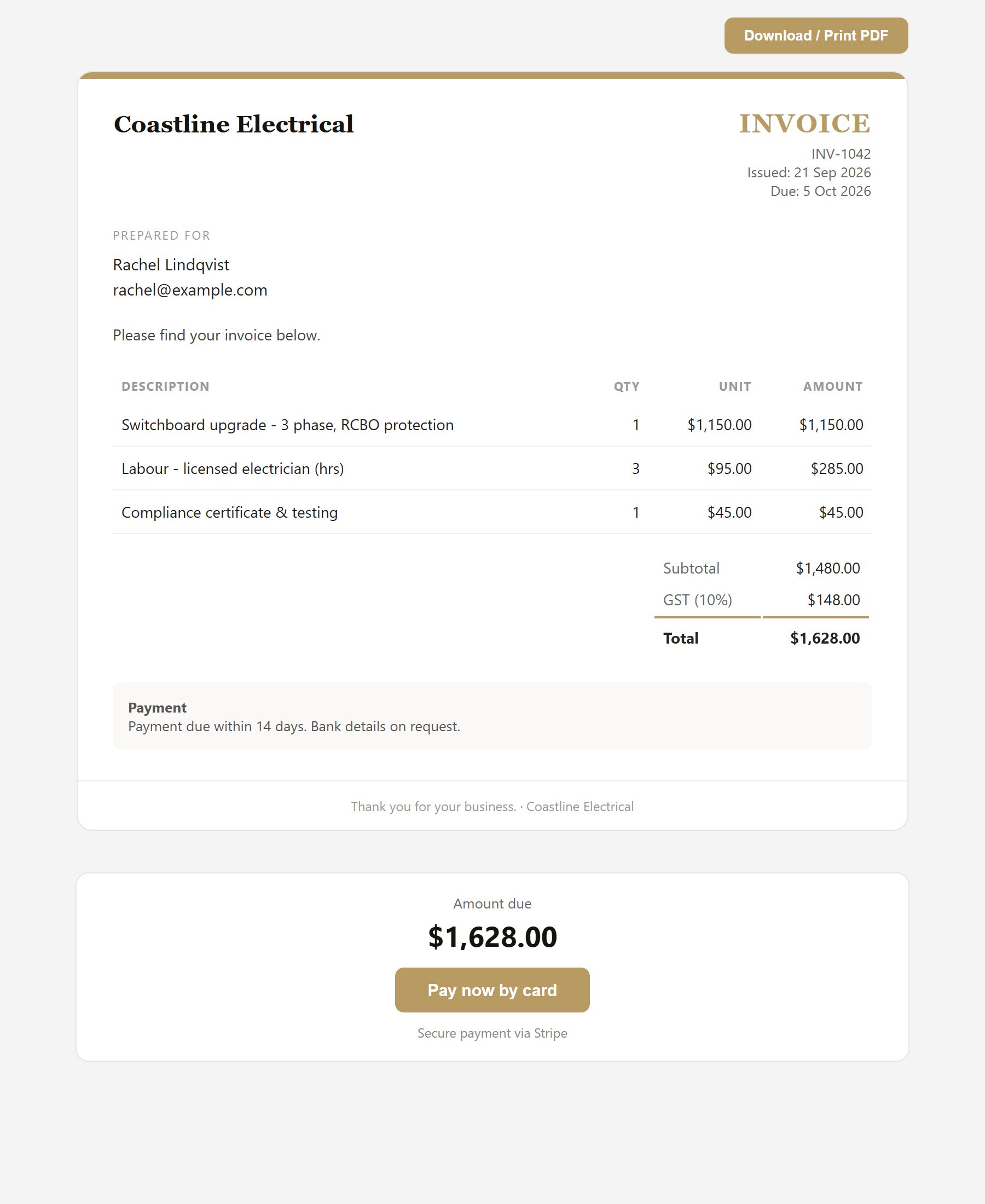 An Arvo invoice as the customer sees it, with a Pay now by card button