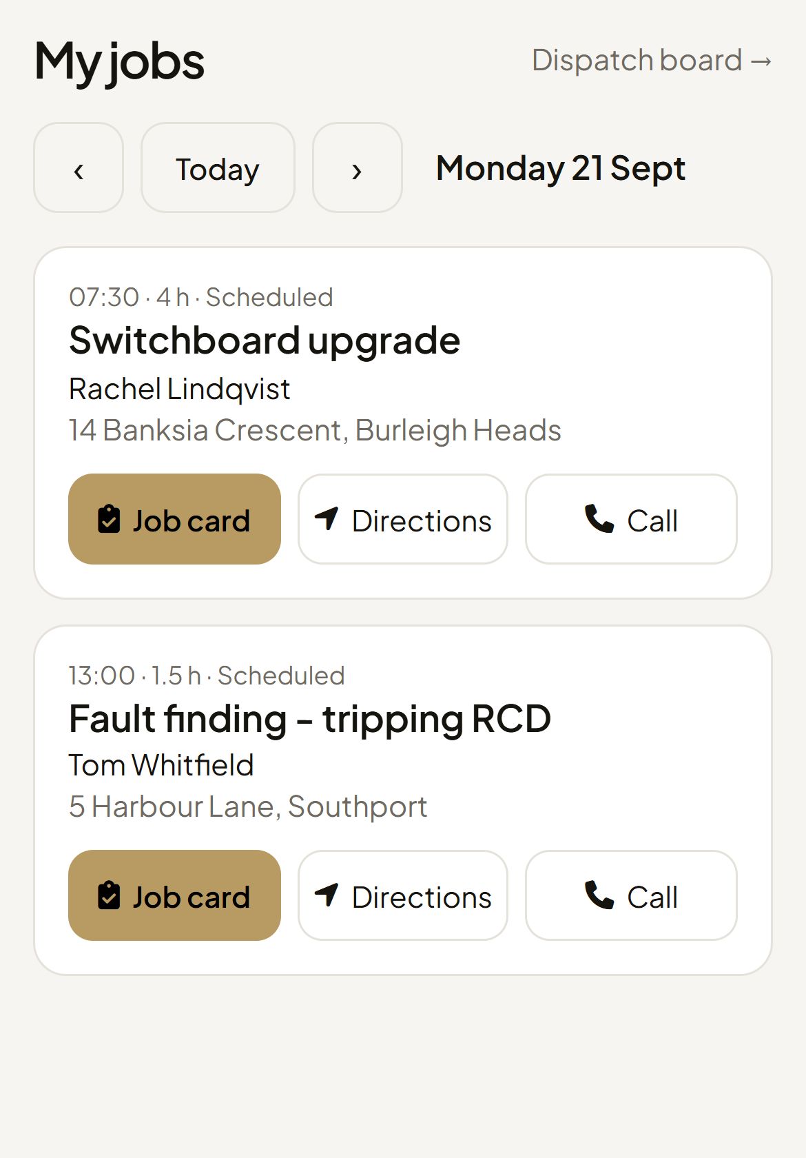 Arvo on a phone: a technician's jobs for the day with Job card, Directions and Call buttons